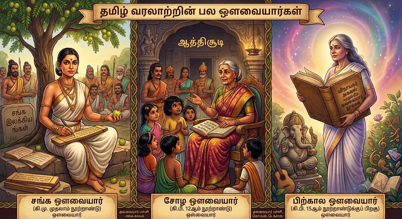 Illustration of the many Avvaiyars in Tamil history — Sangam, Chola, and later-period Avvaiyar