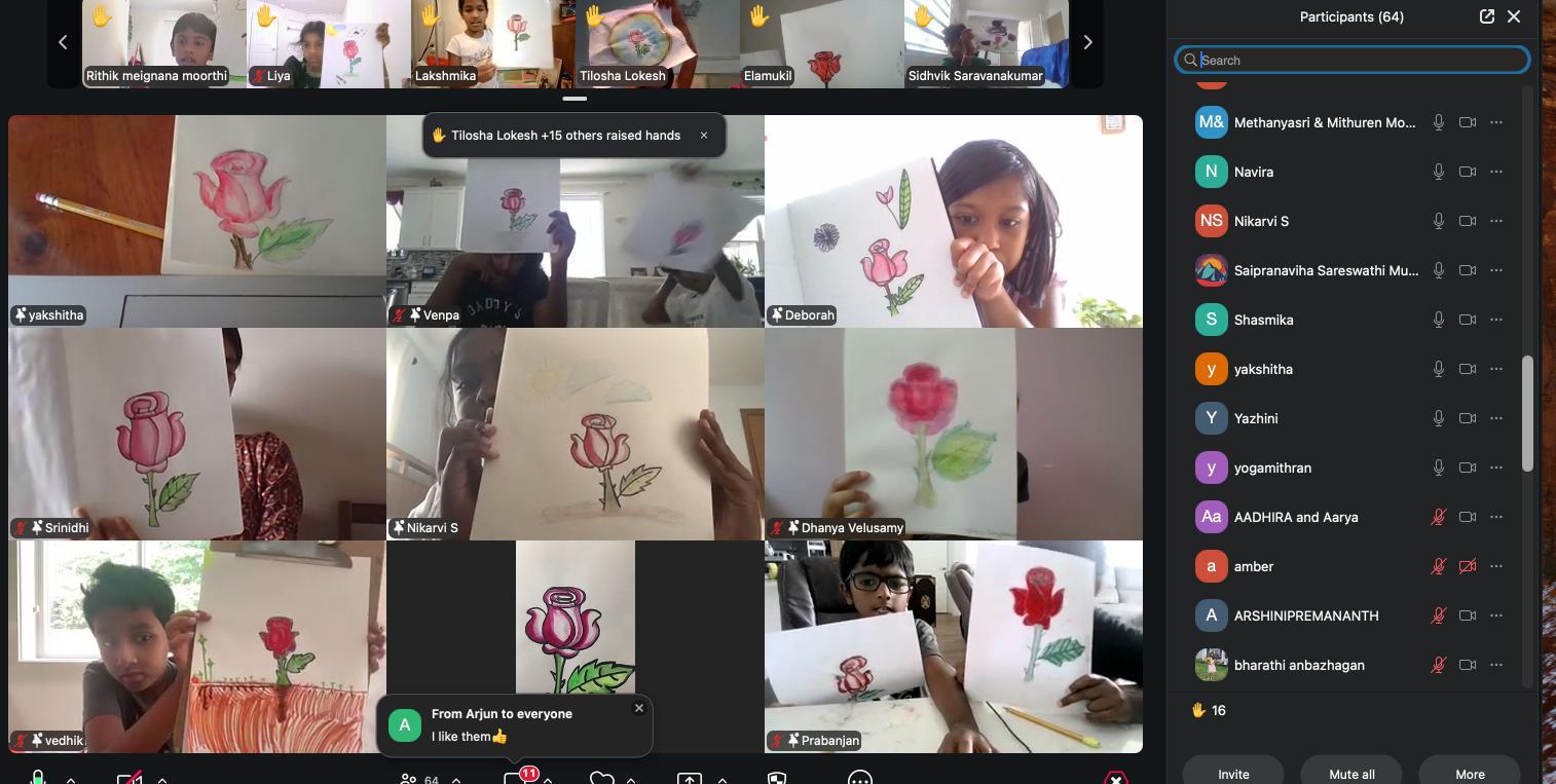Students showing their rose drawings during a live summer art class